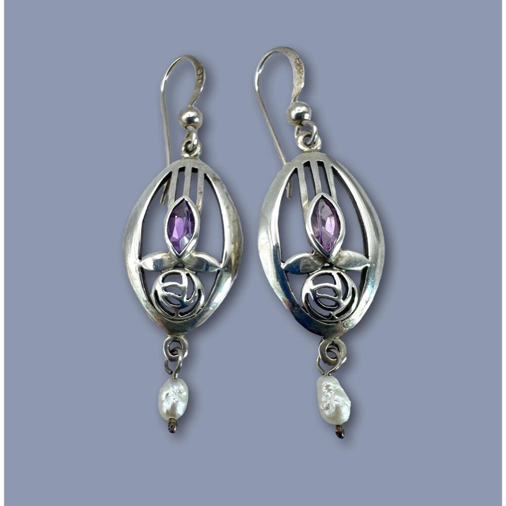 Sterling Silver CELTIC ROSE Dangle Earrings with Purple Amethyst & Pearls